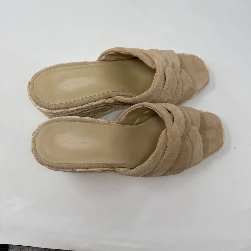 Vince Tan Suede Braided Raffia Wedge Sandals Espadrille Mules Made in Spain 11M